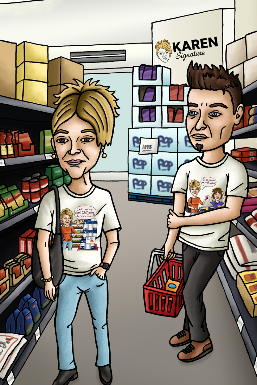 Karen et son fils dans l'allée d'épicerie, portant les t-shirts Karen Signature